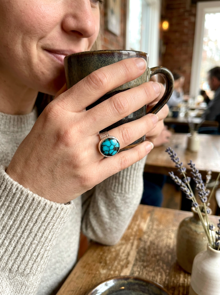 Bague en argent massif avec une turquoise de Hubei