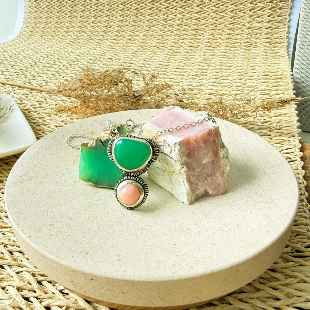 Pendentif chrysoprase de Tanzanie et opale rose des Andes