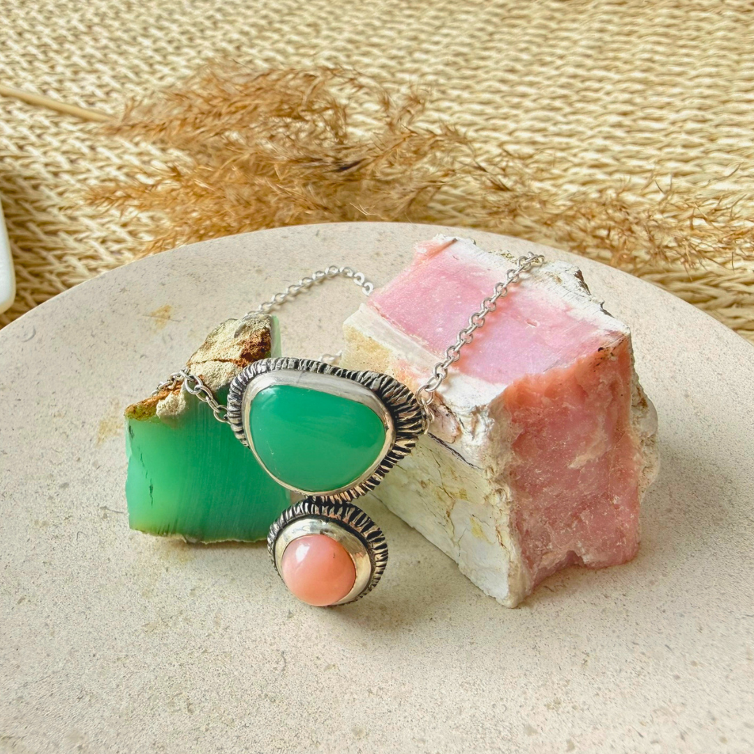 Pendentif chrysoprase de Tanzanie et opale rose des Andes