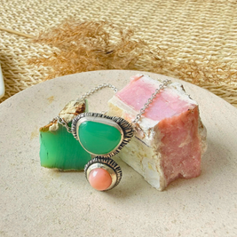 Pendentif chrysoprase de Tanzanie et opale rose des Andes