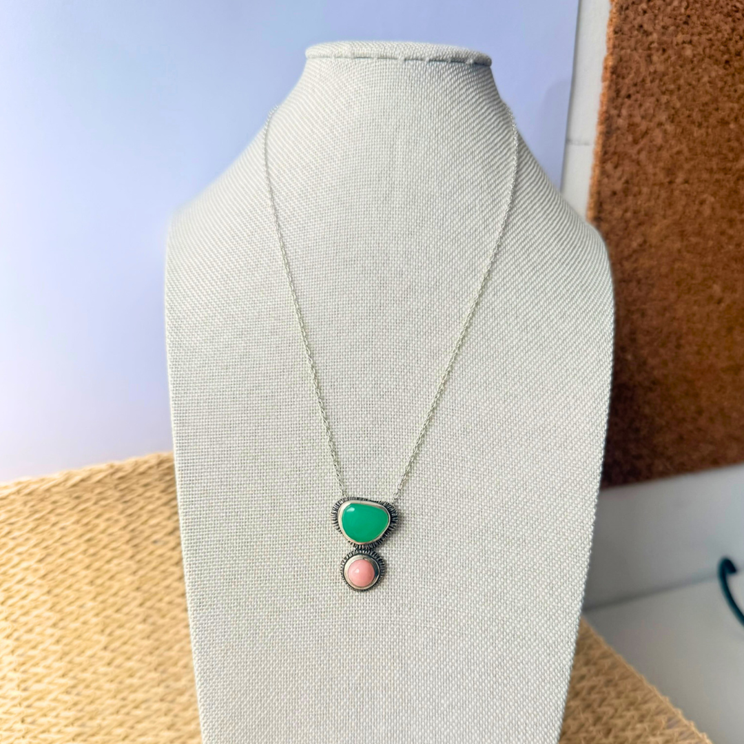 Pendentif chrysoprase de Tanzanie et opale rose des Andes