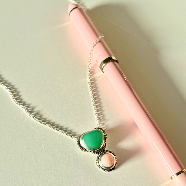 Pendentif chrysoprase de Tanzanie et opale rose des Andes